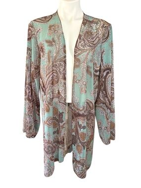 Lightheart Boho Sheer Teal Brown Paisley Open Front Kimona Coverup Sz L/XL